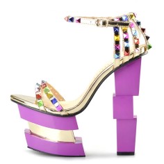 Peep Toe Strange Chunky Heels Ankle Buckle Straps Colorful Rivets Platforms Sandals - Gold Pink