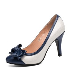 Pointed Toe Ribbon Decorated Stiletto Heels Vintage Pumps - Blue White