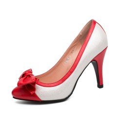 Pointed Toe Ribbon Decorated Stiletto Heels Vintage Pumps - Red White