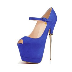 Peep Toe Metal Stiletto Heels Platforms Ankle Buckle Straps Mary Janes Pumps - Blue