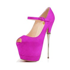 Peep Toe Metal Stiletto Heels Platforms Ankle Buckle Straps Mary Janes Pumps - Hot Pink