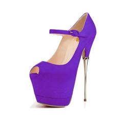 Peep Toe Metal Stiletto Heels Platforms Ankle Buckle Straps Mary Janes Pumps - Purple