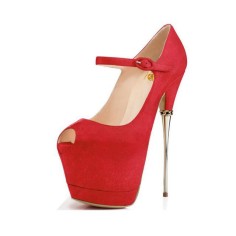 Peep Toe Metal Stiletto Heels Platforms Ankle Buckle Straps Mary Janes Pumps - Red