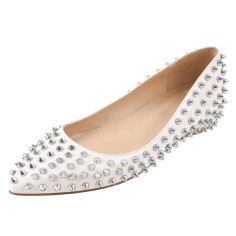 Pointed Toe Rivets Gothic Punk Studded Ballet Slip On Flat - White