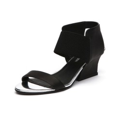 Peep Toe Genuine Leather Front and Rear Straps
 Wedges Heels Sandals - Black