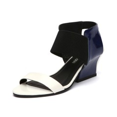 Peep Toe Genuine Leather Front and Rear Straps
 Wedges Heels Sandals - Navy