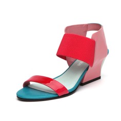 Peep Toe Genuine Leather Front and Rear Straps
 Wedges Heels Sandals - Red
