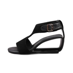 Peep Toe Genuine Leather Ankle Buckle T Straps Wedges Sandals - Black