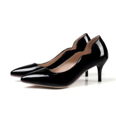 Pointed Toe Kitten Heels Patent Shallow V Cut Pumps - Black