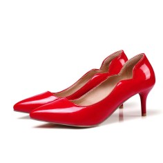 Pointed Toe Kitten Heels Patent Shallow V Cut Pumps - Red