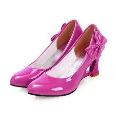 Round Toe Bowtie Decorated Heart Wedges Pumps - Rose Patent