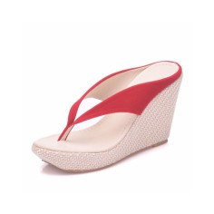 Flip Flop Flock Platforms Wedges Sandals - Red