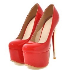 Round Toe Stiletto Golden Heels Patent Platforms Pumps - Red