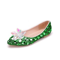 Pointed Toe Rhinestones Cindrella Ballets StPatricks Flats - Green