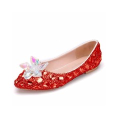 Pointed Toe Rhinestones Cindrella Ballets Christmas Flats - Red