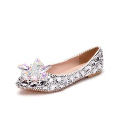 Pointed Toe Rhinestones Cindrella Ballets Wedding Bride Flats - Silver