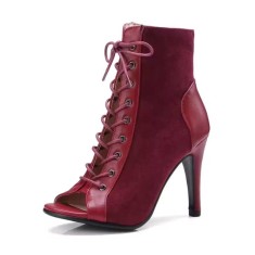 Peep Toe Stiletto Heels Lace Up Gladiator Spring Ankle Highs Sandals Pumps with Back Zipper - Wine Red