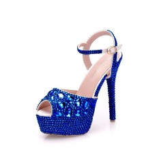 Peep Toe Ankle Buckle Straps Rhinestones Stiletto Heels Platforms Pumps - Blue