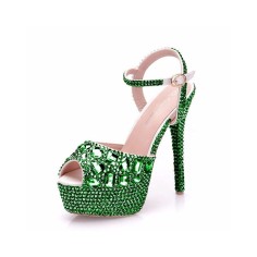 Peep Toe Ankle Buckle Straps Rhinestones Stiletto Heels StPatrick Pumps - Green