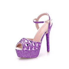 Peep Toe Ankle Buckle Straps Rhinestones Stiletto Heels Platforms Pumps - Lavender