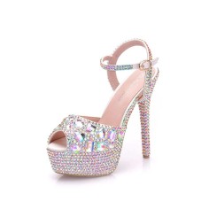 Peep Toe Ankle Buckle Straps Rhinestones Stiletto Heels Platforms Wedding Pumps - Multicolor