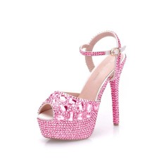 Peep Toe Ankle Buckle Straps Rhinestones Stiletto Heels Platforms Pumps - Pink
