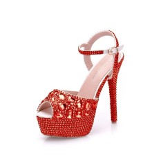 Peep Toe Ankle Buckle Straps Rhinestones Stiletto Heels Platforms Christmas Pumps - Red
