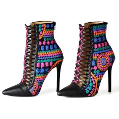 Pointed Toe Stiletto Heels Decorated Straps Ankle Highs Back Zipper Sequined Booties - Black