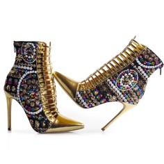 Pointed Toe Stiletto Heels Decorated Straps Ankle Highs Back Zipper Sequined Booties - Gold