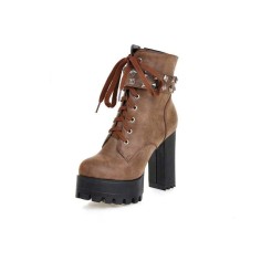 Chunky Heels Round Toe Punk Heeled Buckle Rivets Lace Up Ankle Boots - Auburn
