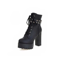 Chunky Heels Round Toe Punk Heeled Buckle Rivets Lace Up Ankle Boots - Black
