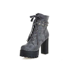 Chunky Heels Round Toe Punk Heeled Buckle Rivets Lace Up Ankle Boots - Gray