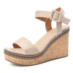Peep Toe Platforms Line Ankle Buckle Straps Wedges Sandals - Beige
