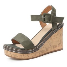 Peep Toe Platforms Line Ankle Buckle Straps Wedges Sandals - Green