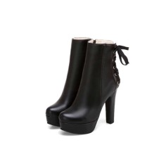 Round Toe Cuban Heels Ankle Lace Up Booties with Side Zipper - Black