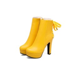 Round Toe Cuban Heels Ankle Lace Up Booties with Side Zipper - Yellow