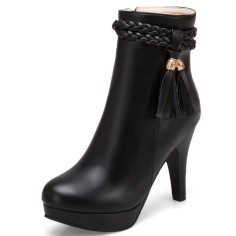 Round Toe Spike Heels Side Zipper Ankle Highs Tassel Platforms Boots - Black