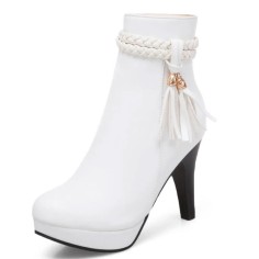 Round Toe Spike Heels Side Zipper Ankle Highs Tassel Platforms Boots - White