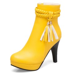 Round Toe Spike Heels Side Zipper Ankle Highs Tassel Platforms Boots - Yellow