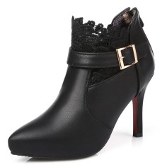 Pointed Toe Ankle Buckle Straps Sexy Lace Stiletto Heels Ankle Highs Booties - Black