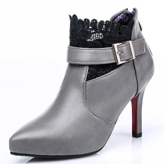 Pointed Toe Ankle Buckle Straps Sexy Lace Stiletto Heels Ankle Highs Booties - Gray