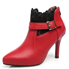 Pointed Toe Ankle Buckle Straps Sexy Lace Stiletto Heels Ankle Highs Booties - Red