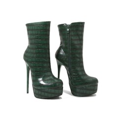 Round Toe Crocodile Pattern Platforms Side Zipper Ankle High Stiletto Booties - Green