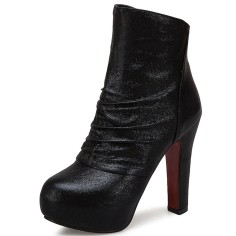 Round Toe Stiletto Heels Back Zipper Ankle Highs Platforms Boots - Black