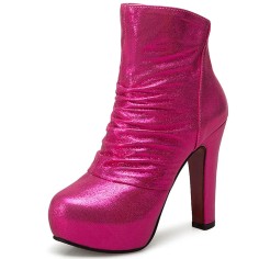 Round Toe Stiletto Heels Back Zipper Ankle Highs Platforms Boots - Pink