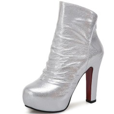 Round Toe Stiletto Heels Back Zipper Ankle Highs Platforms Boots - Silver
