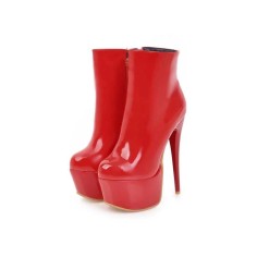 Stiletto Heels Round Toe Booties with Side Zipper - Red