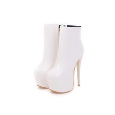 Stiletto Heels Round Toe Booties with Side Zipper - White