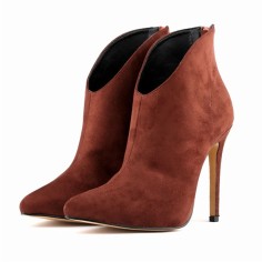 Pointed Toe Stiletto Heels Suede Back Zipper Ankle Highs Booties - Coffee