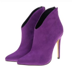 Pointed Toe Stiletto Heels Suede Back Zipper Ankle Highs Booties - Purple